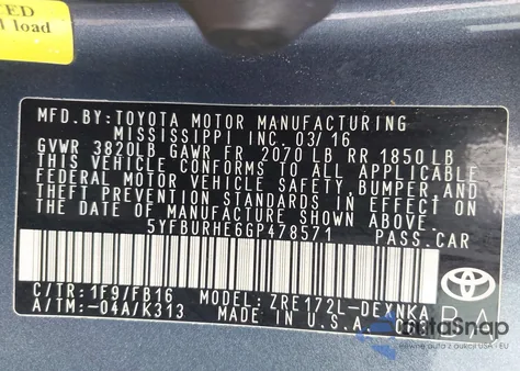 2016 Toyota Corolla Le from USA, damaged, VIN 5YFBURHE6GP478571